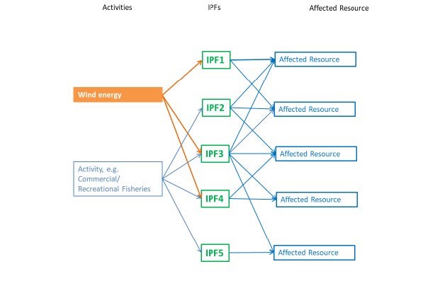Figure: General conceptual diagram linking cumulative actions or activities, IPFs, and affected resources. From BOEM (2019).